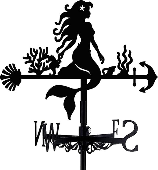 Little Mermaid Weathervane Coral Shells Metal Wind Vane Arrow Weathercock Garden Decoration Wind Direction Indicator Stake Roof Mount Ornament for Farmhouse Yard Outdoor