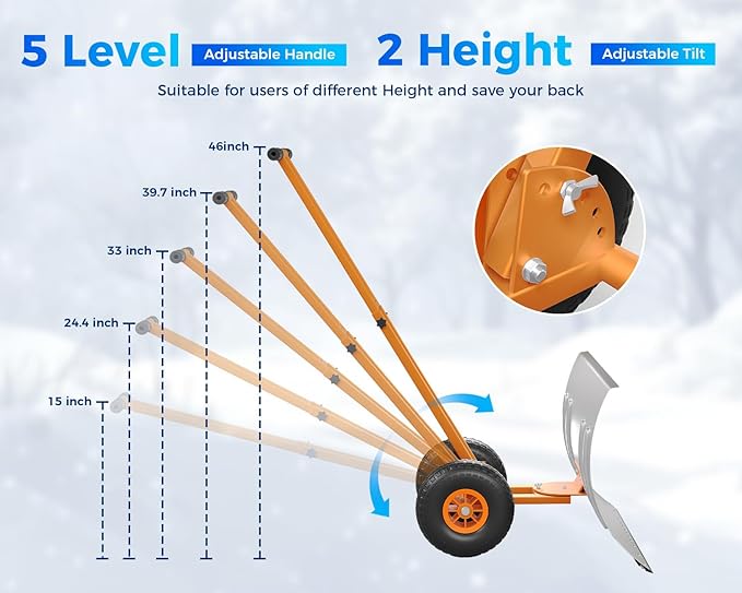 Garvee 29" Snow Pusher Shovel with Wheels,Heavy Duty Steel Snow Shovel with Wheels,Angled Blade Efficient Snow Removal With5-Position Angled Blade & Adjustable Handle for Doorway, Sidewalk, Silver