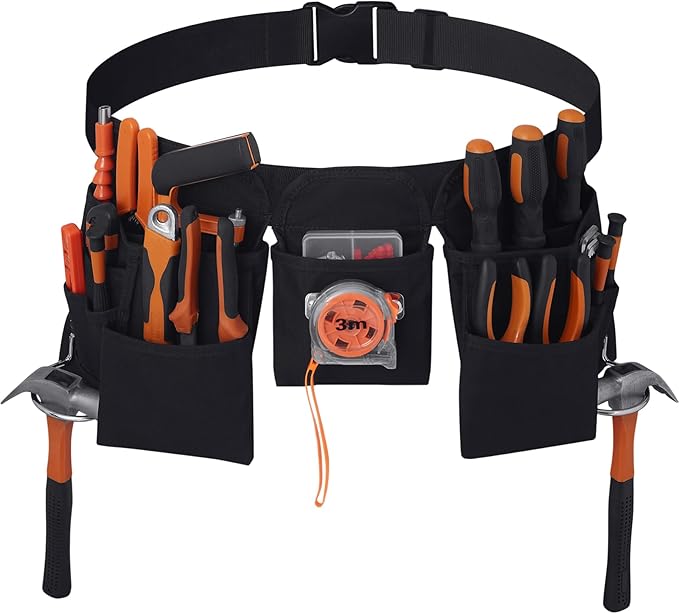 Gifts for Men,19 Pocket Tool Belts with Quick Release Buckle- Heavy Duty Detachable & Adjustable Utility Belt,Work Apron for Men and Women,for Electrician,Carpenter,Construction Tool Belt (Black)