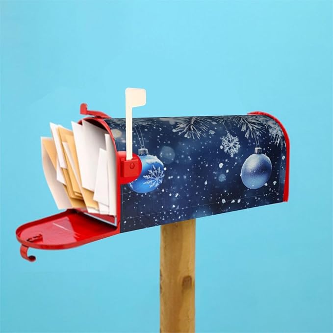 Festive Magnetic Mailbox Cover Blue Ball Christmas Pattern Outdoor Mailbox Protector Holiday Seasonal Decorative Garden Yard Home Large Size 25.5 x 21 Inch