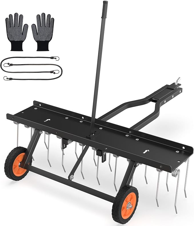 Seeutek 40 Inch Tow Behind Dethatcher, Pull Behind Lawn Dethatcher with 20 Spring Steel Tines Lawn Dethatcher Rake for ATV or Mower w/2 Cement Brick Straps and Gloves, for Garden Farm Grass