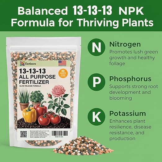 Gardenera 13-13-13 Slow Release Granular Fertilizer – All Purpose Plant Food 13 13 13 for Outdoor Grass, Vegetables, Roses, Flowers, Shrubs, Trees. Lawns, Gardens, Potted Plants (20 Quarts)