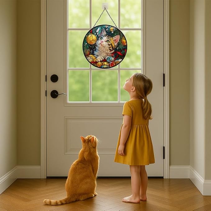 Stained Glass Window Hanging – 6.3 in Kitten and Christmas Tree Panel with Chain， Bathroom Front Door Living Room Garden Decor， Gift for Mom Wife Lovers