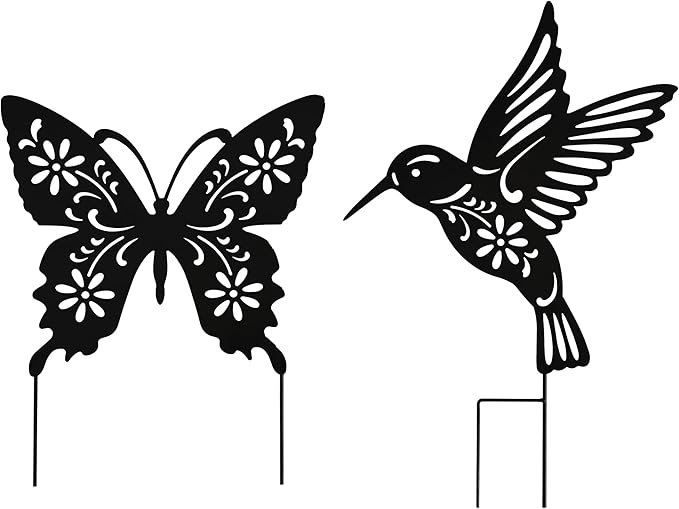 Metal Large Size 20inch Hummingbird Butterfly Decorative Garden Stakes, Black Butterfly Hummingbird Outdoor Decor Silhouette Yard Stake, Outdoor Decorations for Lawn Garden Yard Patio Fall