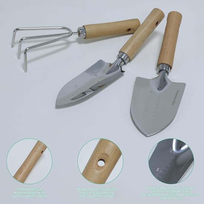 LeMotech Garden Tool Set, 3Pcs Stainless Steel Heavy Duty Gardening Kit Including Trowel Transplanter Cultivator Gardening Hand Tools with Handle, Planting Tool for Women Men
