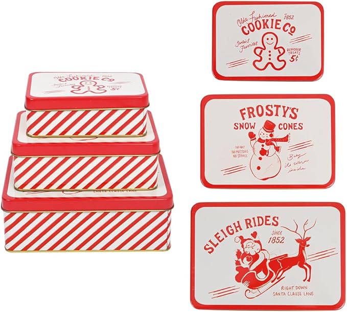 Christmas Cookie Tin Set of 3 Decorative Metal Storage Tin Boxes with Lids for Home Decor Memory Boxes for Keepsakes and Photos(GreyRed)