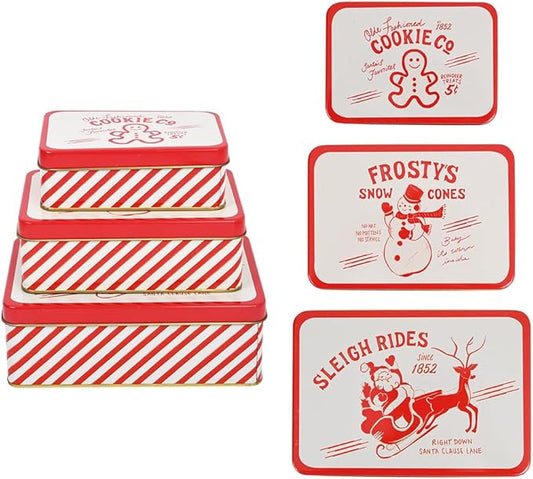 Christmas Cookie Tin Set of 3 Decorative Metal Storage Tin Boxes with Lids for Home Decor Memory Boxes for Keepsakes and Photos(GreyRed)