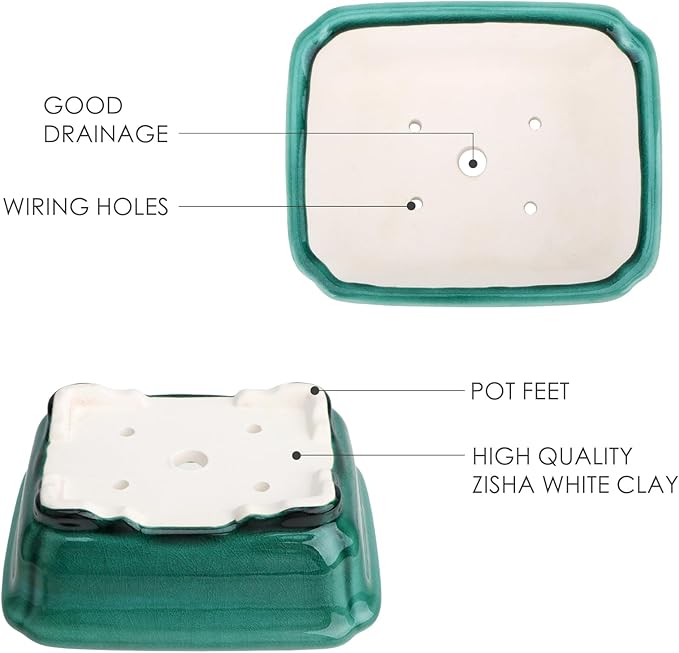 Set of 2 Zisha White Clay Bonsai Pot Glazed Shallow Succulent Planter Green