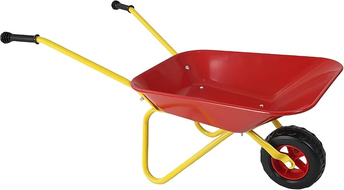 Red Metal Wheelbarrow, Easy Loading and Dumping Garden Cart with Steel Tray, Durable Heavy Duty Utility Trolley for Transporting Leaves, Soil, Sand, and More (1 Wheel)