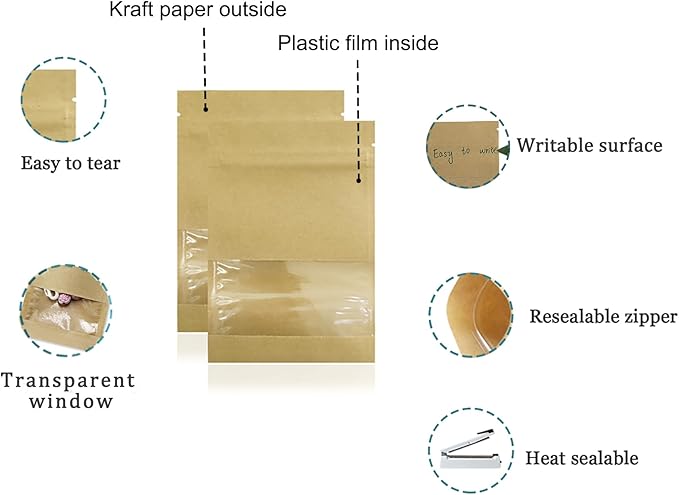 FERENLI 1000 Pack 2.8x3.5 inch Small Resealable Seed Coin Envelopes Bags with Clear Window Brown Kraft Paper Heat Seal Packets for Flower Vegetable Seeds Storage Party Favor Pet Food Sample Bag