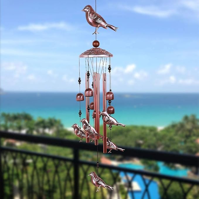 Bird Wind Chimes for Outside,33 inch Length Memorial Sparrow Wind Chime with 4 Large Aluminum Tubes & S Hook,Indoor Outdoor Decor Hanging Wind Catcher Bell for Home,Garden,Patio,Backyard,Porch