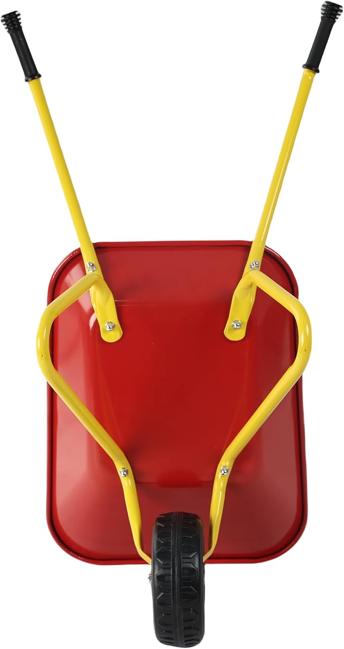 Red Metal Wheelbarrow, Easy Loading and Dumping Garden Cart with Steel Tray, Durable Heavy Duty Utility Trolley for Transporting Leaves, Soil, Sand, and More (1 Wheel)