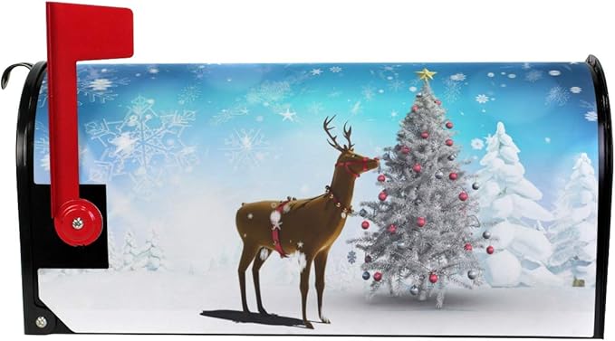 WOOR Christmas Tree and Reindeer Magnetic Mailbox Cover Oversized for Garden Yard Outdoor Decorations-25.5" x20.8