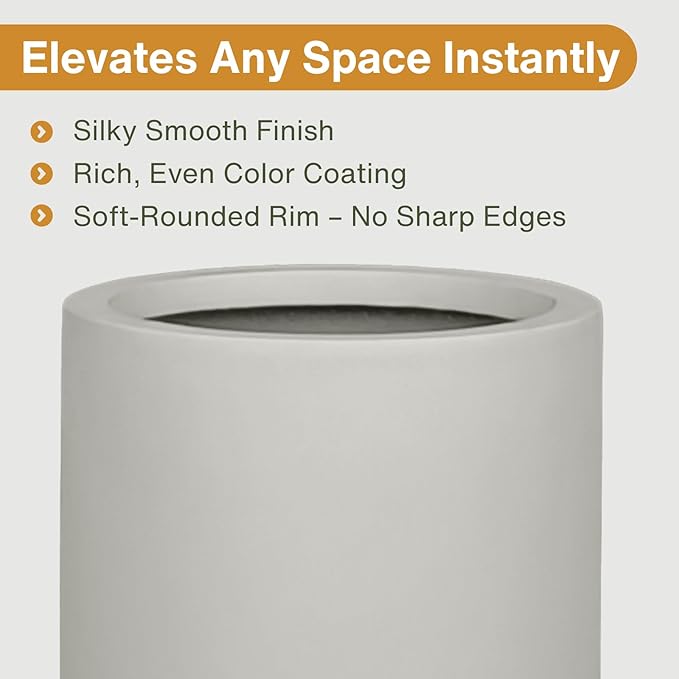 19.5"H x 9.8"D Tubo Fiberstone Cylinder Tall Planter, Christmas Tree Planter, Smooth Finish, Weather Resistant for Indoor & Outdoor Use, 2 Extra Coco Mats (Light Frech Gray,8.2" Pot Opening)