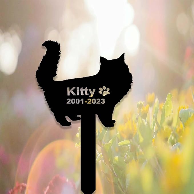Personalized Fluffy Cat Memorial Sign - Custom Metal Grave Marker & Yard Stake for Pet in Heaven Loss Remembrance