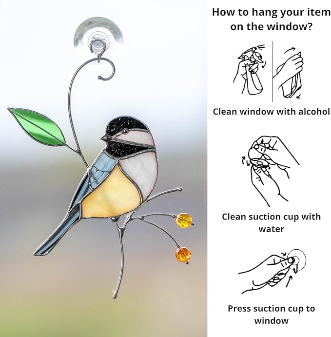 Gift Birds Handmade Chickadee Stained Glass Suncatchers Genuine Stained Glass Window Hanging Unique Indoor Ornament & Outdoor Decor (A Chickadee)