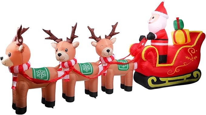 WONDER GARDEN 12FT Christmas Inflatable Outdoor Decorations with Santa Claus on Sleigh and Reindeer Christmas Blow Up Yard Decorations with LED Lights for Xmas Holiday Party Garden Patio Lawn Decor