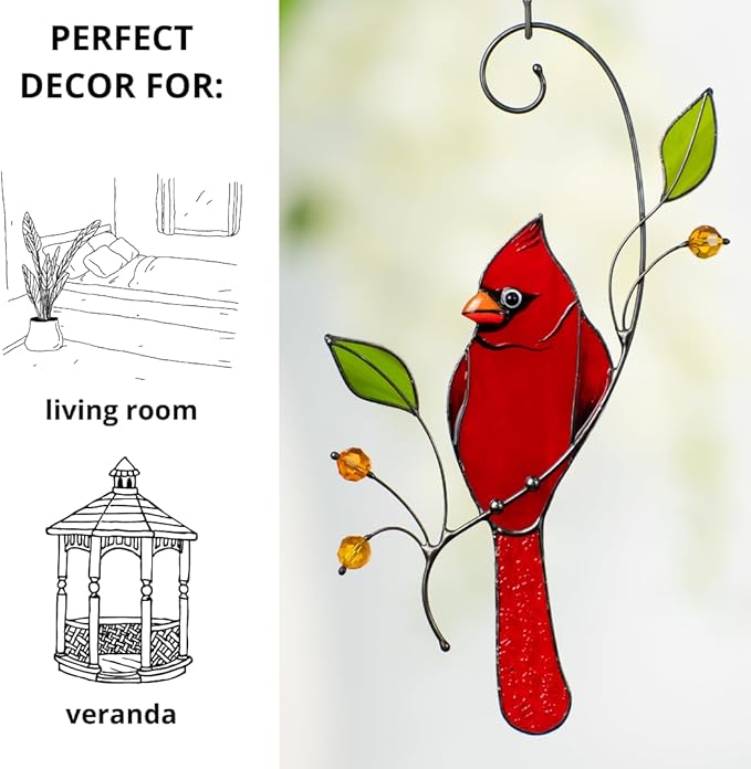Christmas Stained Glass Ornaments Stained Glass Birds Handmade Product Home & Garden Gift for Mom Grandma (Red Northern Cardinal)