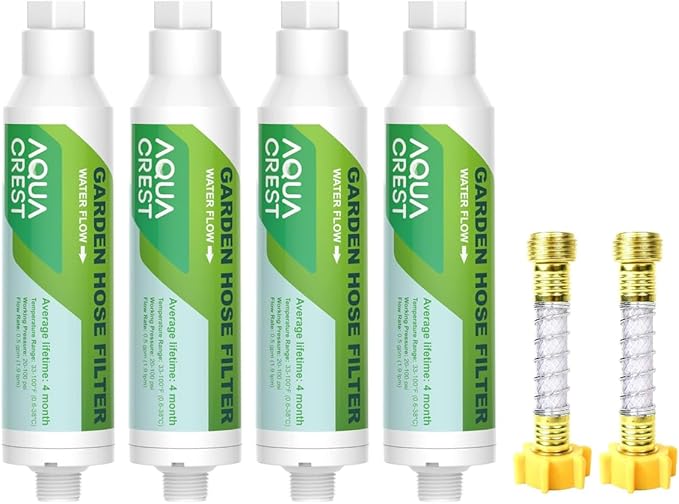 AQUA CREST Garden Hose Water Filter for Plants, Greatly Reduces Chlorine, Odor, Improve Plants Health, Ideal for Organic Gardening, Farming and Pets, 4 Pack with 2 Hose Protector