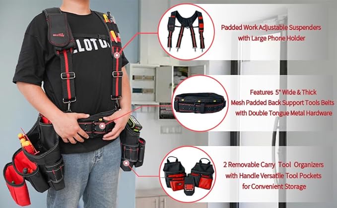 MELOTOUGH Pro Framer Combo System-Magnetic Tool Pouch Build Heavy Duty Carpenter Tool Belt and Multi Function Tool Belt Suspenders（red)