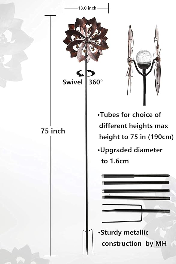 Solar Copper Wind Spinner with Glass Ball Color Changing LED Lighting with Kinetic Wind Mill Dual Direction for Patio Lawn Garden Holiday Decoration…