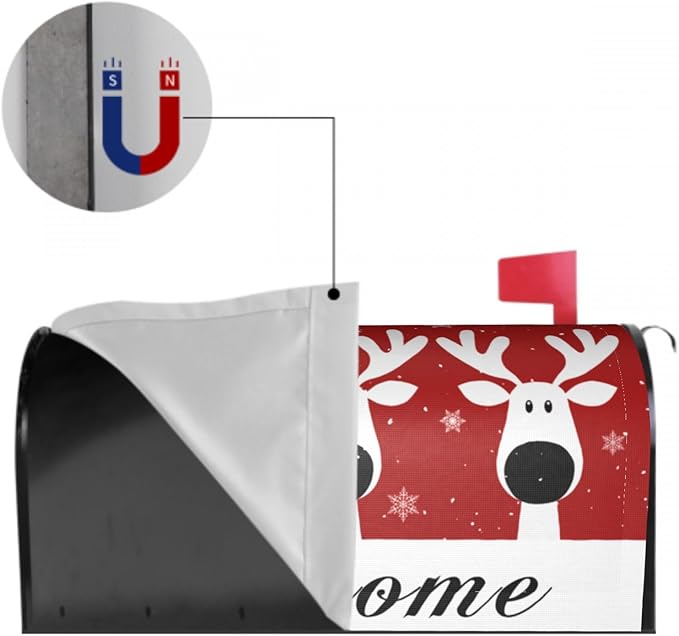 Christmas Reindeer Mailbox Cover Magnetic, Welcome Winter Snowflakes Xmas Elk Mailbox Wrap, Large Size 25.5x21 Inch Waterproof Letter Post Cover for Garden Yard Outdoor Outside Decor
