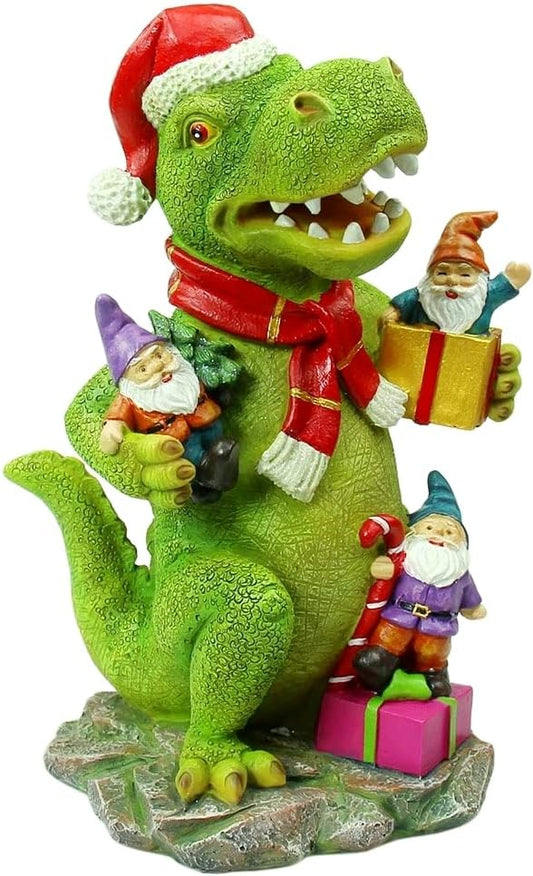 Garden Gnome Statue, Christmas T Rex Dinosaur Statue Figurine Ornament, 10” Dinosaur Gnomes Outdoor Garden Christmas Decorations