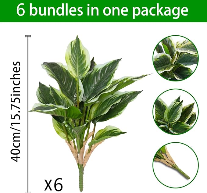 6PCS Artificial Tropical Green Plants – 19.6" Fake Hostas Outdoor Artificial Plants, UV Resistant, Faux Green Leaf Stems for Porch, Patio, Balcony, Garden Planter or Indoor Décor