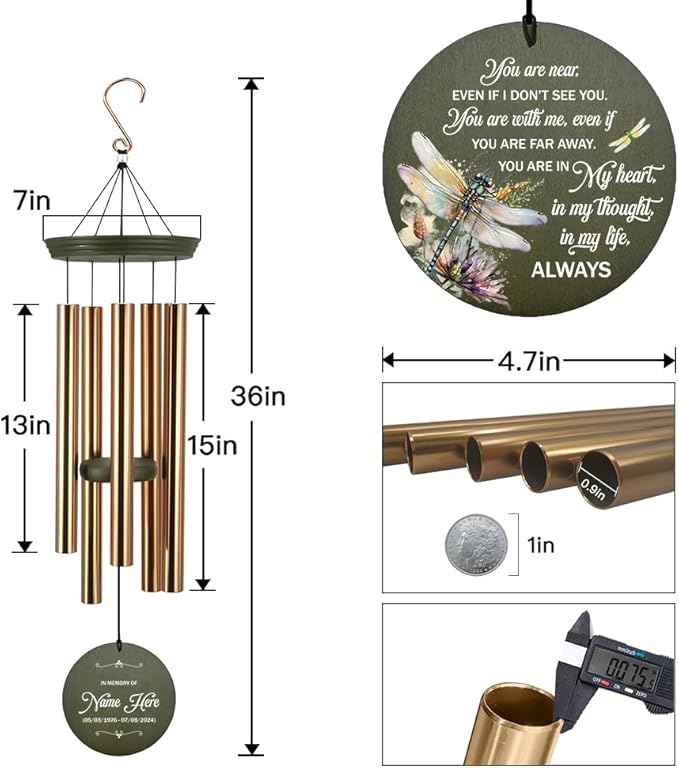 Personalized Memorial Wind Chimes, for Loss of Mom, Wind Chime Loss Loved One, in Loving Memory Personalized Wind Chime, Bereavement/Sympathy/Memorial Gifts for Remembrance, Product in USA