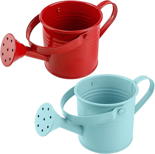 2Pcs Mini Watering Can Sprinkler Bucket for Kids Metal Gardening Water Pot for Outdoor and Indoor House Plants, Blue/Red/Cute Watering Can