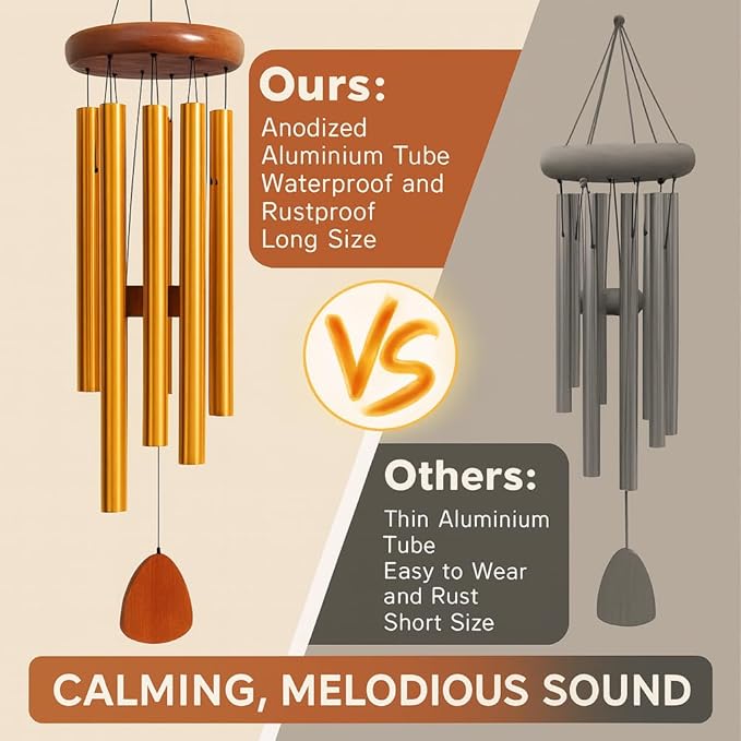 Large Aluminium Wind Chimes Outside, 34" Soothing Melodic Wind Chime, Suitable Outdoor Garden Patio Decor, Gift for Mom, Women, Neighbors (Gold)
