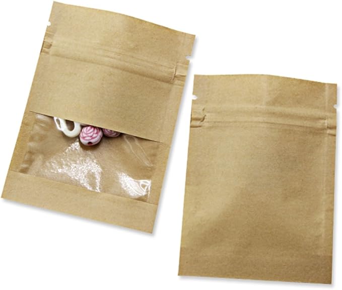 FERENLI 100 Pack 5.1x7.08 inch Small Resealable Seed Coin Envelopes Bags with Clear Window Brown Kraft Paper Heat Seal Packets for Flower Vegetable Seeds Storage Party Favor Pet Food Sample Bag