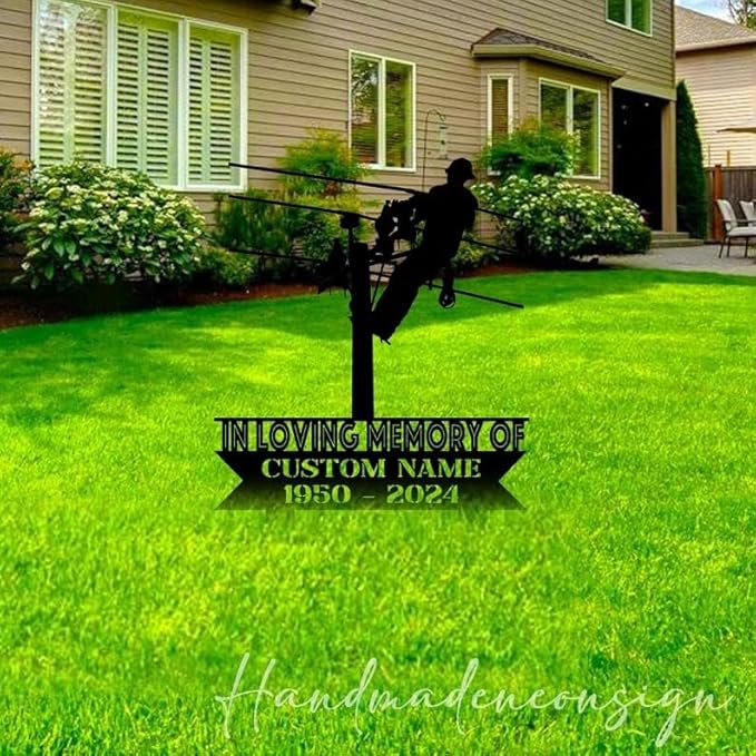 Custom Electrician Memorial Metal Stake – Personalized Lineman Grave Marker, Yard Garden Stake, Outdoor Decor for Electricians (Electrician Memorial)