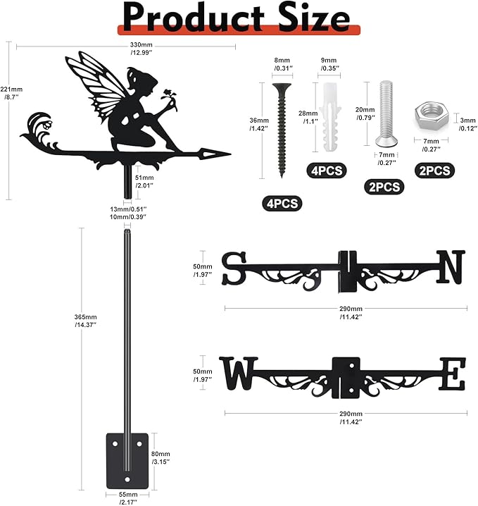 Fairy and Flower Weather Vane, Black Metal Weathervane Roof Mount, Wind Direction Indicators Wind Measuring Tool Outdoor, Wind Vane Ornament Decoration for Shed Garden Yard Farmhouse Patio Decor