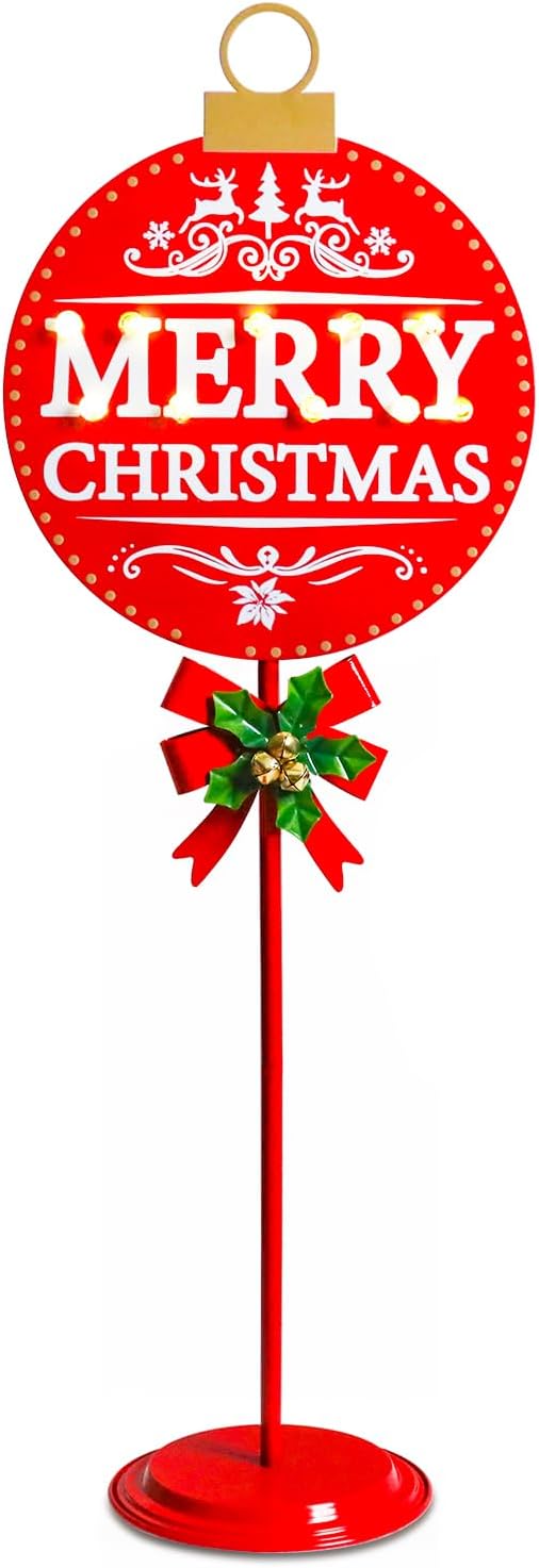 Vigdur Merry Christmas Sign - 34" Lighted Metal Holiday Ball Decoration Battery Operated with Timer, Christmas Yard Decorations for Indoor Outdoor Yard Lawn Party Holiday Décor