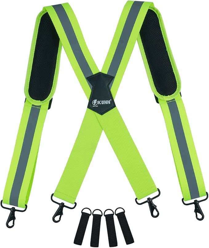 KUNN Hi-Vis Tool Belt Suspenders Heavy Duty Reflective Safety Work Suspender with Removed Padded Shoulder,4Pcs Tool Belt Loops