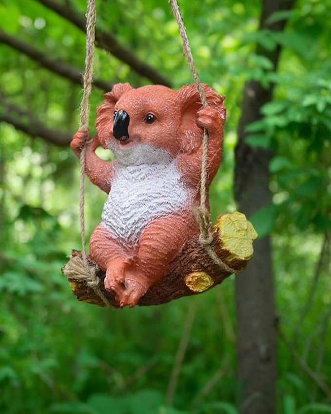 Swinging Koala Figurines Resin Garden Statues for Patio Balcony Backyard Lawn Ornaments Orange A