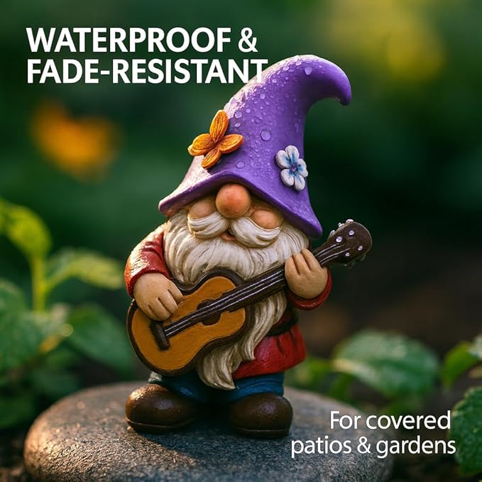 Musical Gnome Figurine with Guitar – Handcrafted Resin Garden or Shelf Decoration, 6.2" Tall Whimsical Gnome Statue with Purple Hat, Flowers & Butterfly, Gift for Music Lovers (Purple)