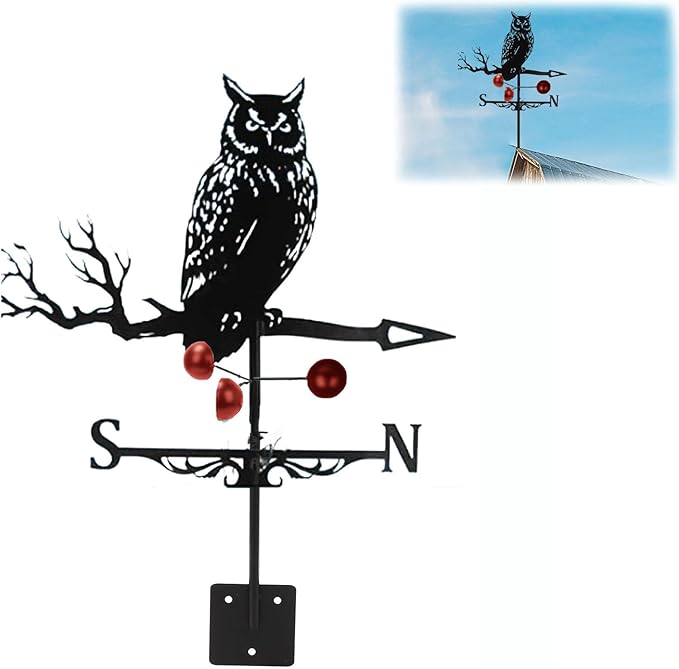 Weathervane Roof Mount, Rust-Resistant & Durable Metal Wind Direction Indicators, Decor Weather Vane for Yard, Outside, Garden, Shed, Farmhouse & Chicken Coop (Owl)