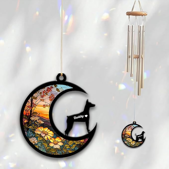 German Pinscher Sun Catcher Wind Chime, Custom Sunflower Suncatcher Dog Memorial Wind Chime, Dog Loss Gift, Dog Sympathy Gift, Pet Loss Suncatcher, Outdoor Garden Decor