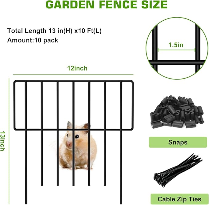 10 Panels Garden Fence Animal Barrier, No Dig Dog Fence Outdoor for Yard, 13in(H) x 10ft(L) Metal Small Garden Fencing for Dogs Pet Rabbits Defense, Bottom Border for Yard Patio