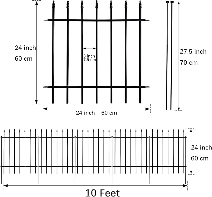 Metal Decorative Garden Fence 24" Wide x 24" High (5 Panels, Total Length 10 feet), Metal Border Folding Fence, Landscape Fencing Dog Fence Pet Fence for Flower Bed, Yard, Animal Barrier
