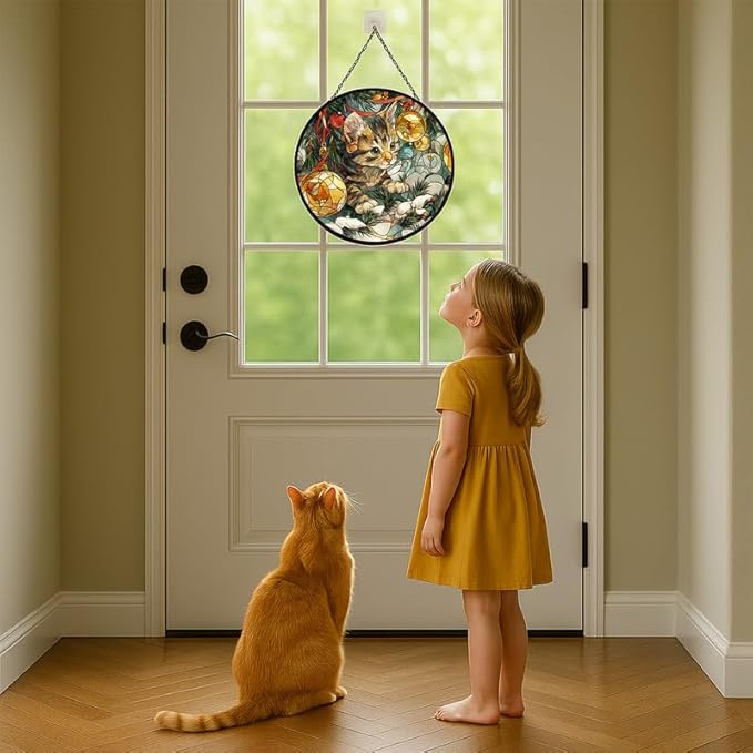 Stained Glass Window Hanging – 9.8 in Cute Kitten with Christmas Ornament Panel with Chain， Bathroom Front Door Living Room Garden Decor， Gift for Mom Wife Lovers