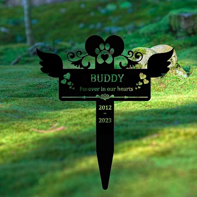 Personalized Pet Grave Marker for Dog Cat Memorial Stake, Custom Metal Pet Memorial Grave Marker, Dog Paw Hearts Burial Stake Cemetery Grave Plaque for Outdoor, Customized Remembrance Sign