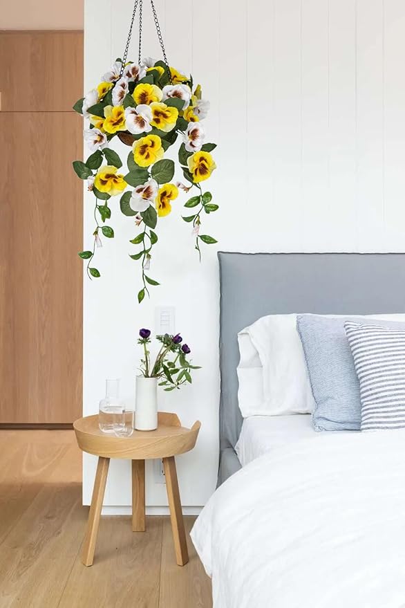 Briful Artificial Hanging Basket Outdoor Yellow&White Pansy Fake Flowers Realistic Silk Fall Bloom Faux Flowers Coconut Basket for Home Decor Indoor Farmhouse Balcony Patio Garden