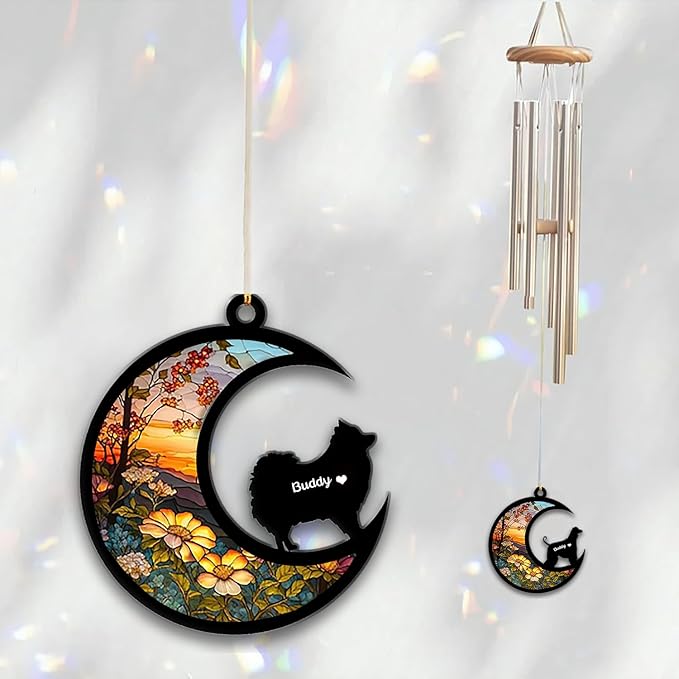 Pomeranian Sun Catcher Wind Chime, Custom Sunflower Suncatcher Dog Memorial Wind Chime, Dog Loss Gift, Dog Sympathy Gift, Pet Loss Suncatcher, Outdoor Garden Decor