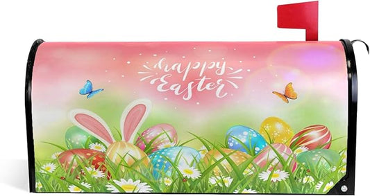 ALAZA Spring Flowers Butterfly with Rabbit Bunny Ears and Easter Eggs Magnetic Mailbox Cover MailWraps Garden Yard Home Decor for Outside Standard Size-18"x 20.8"