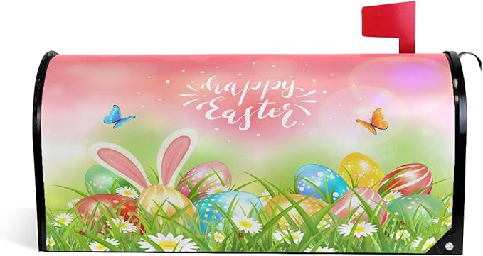 ALAZA Spring Flowers Butterfly with Rabbit Bunny Ears and Easter Eggs Magnetic Mailbox Cover MailWraps Garden Yard Home Decor for Outside Oversized-25.5" x20.8"