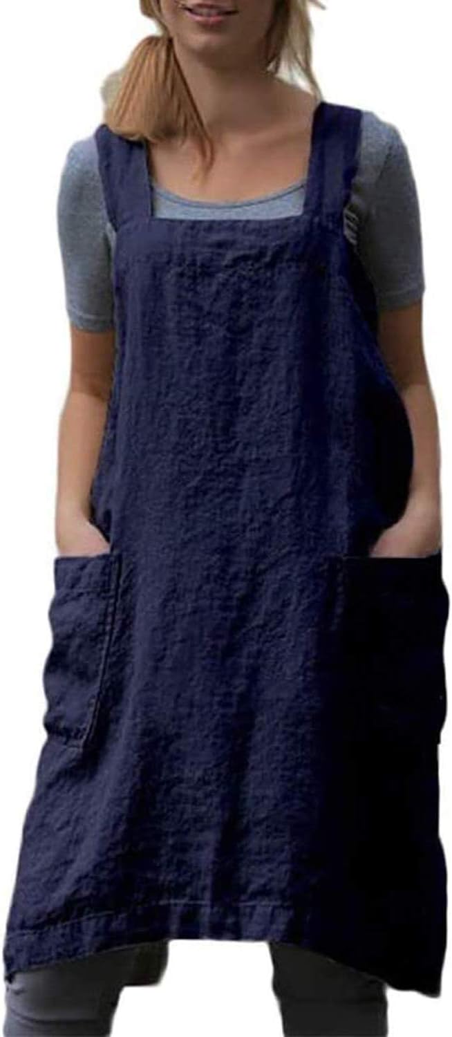 Cotton Linen Apron Cross Back Baking Cooking Gardening Apron for Women with Pockets Pinafore Dress