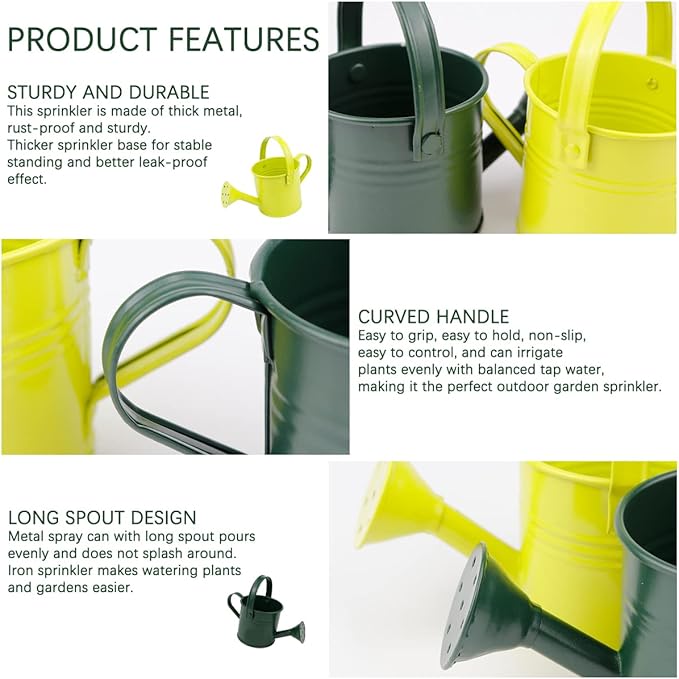 2Pcs Mini Sprinkler Bucket Kids Gardening Water Pot Metal Watering Can for Outdoor and Indoor House Plants, Dark Green/Light Green Cute Watering Can